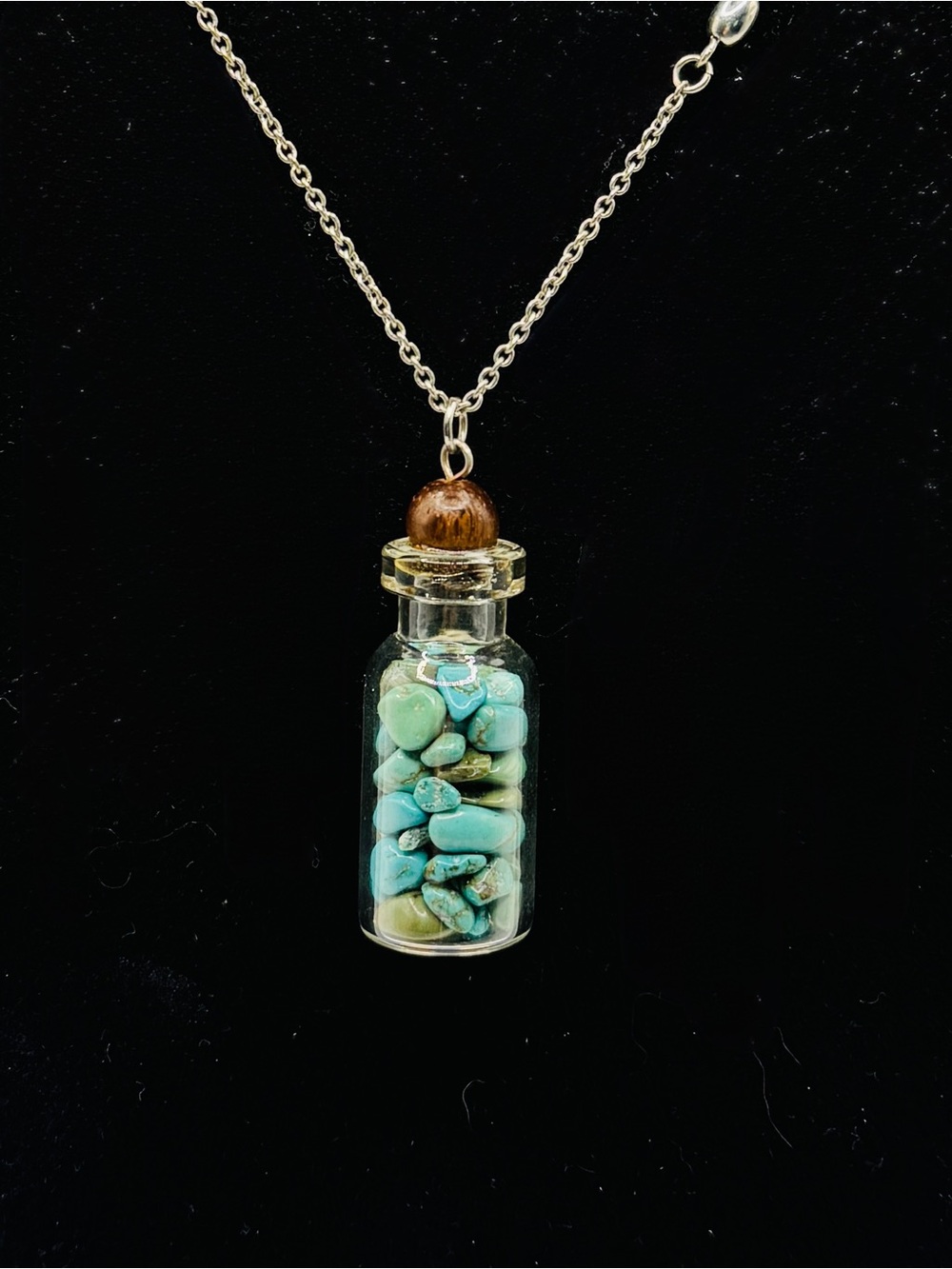 Turquoise Crystal Chips in a Bottle Pendant Necklace Boho